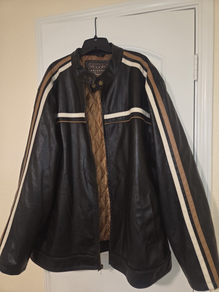 Arizona Men's Brown With Cream Stripe Faux Leather Vintage Moto Jacket Size 2XL