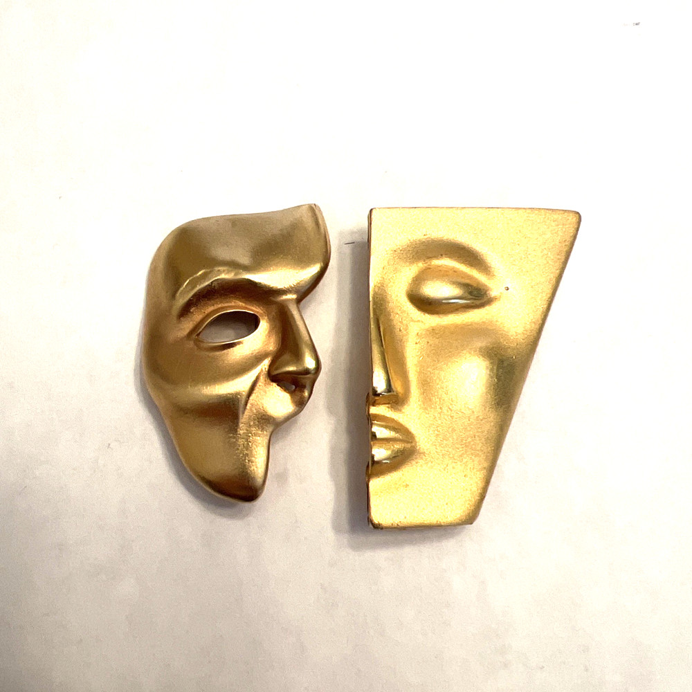 Vintage Brooches Gold Tone Metal Half Face 1988 - Lot Of 2