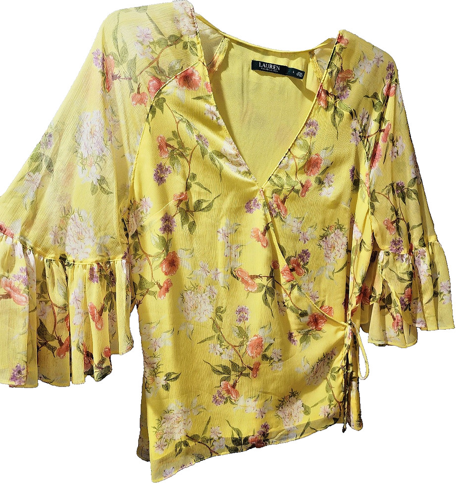 Ralph Lauren Women's  size L Yellow w/floral design blouse