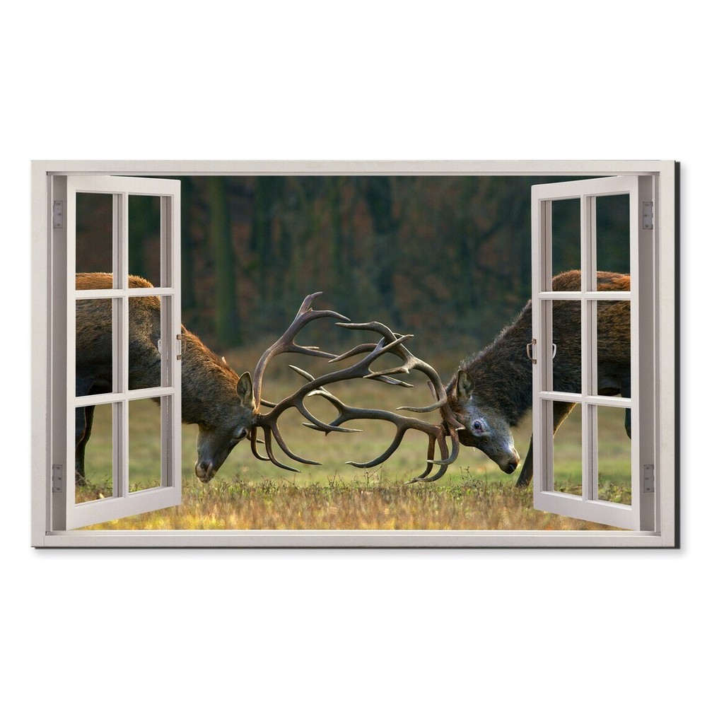 Red Stags Fighting On A Meadow Window View Wall Art Canvas Unframed Print Art