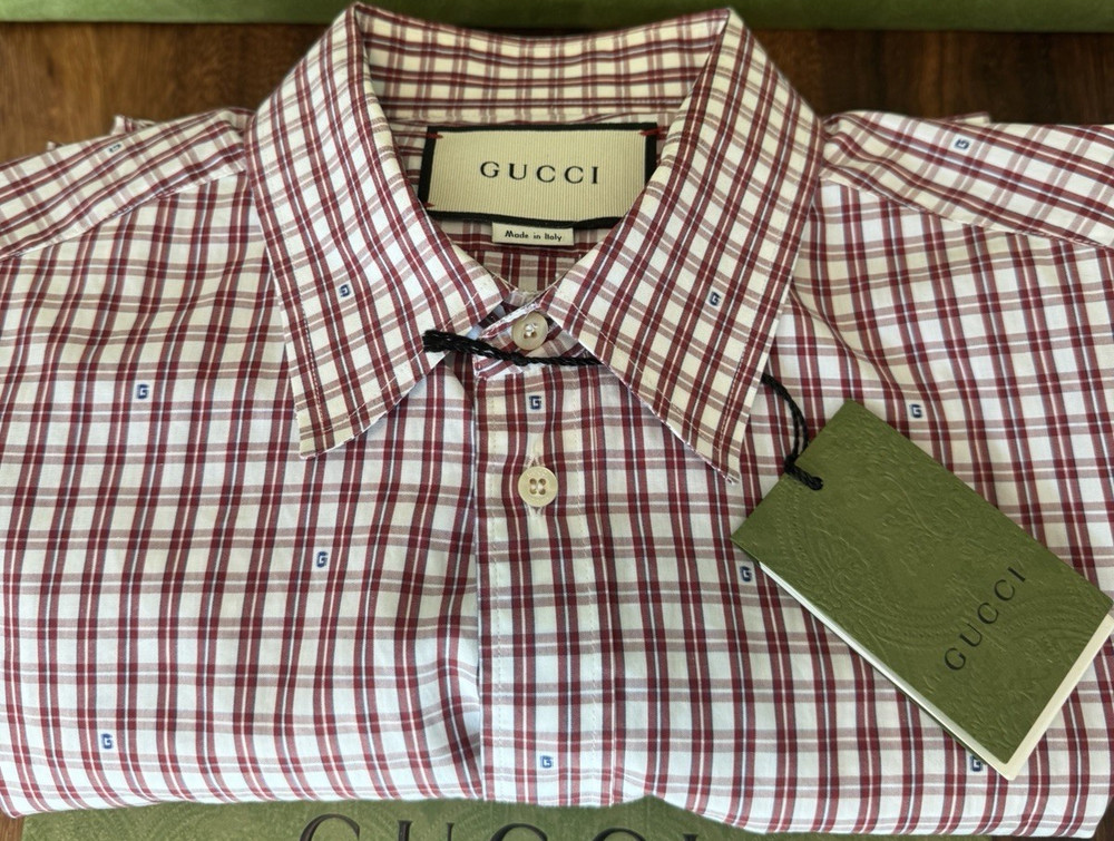 Gucci Men's Plaid Cotton Button-Up Shirt Red White XL Long Sleeve