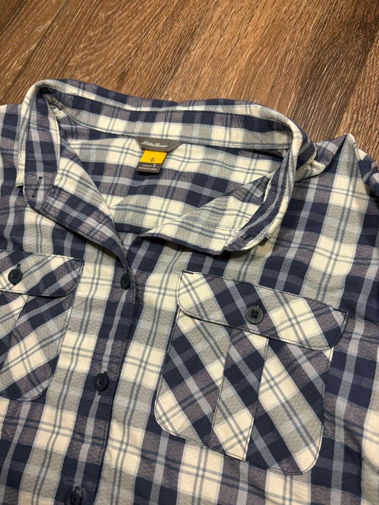 Eddie Bauer Shirt Womens Size Small Blue Plaid Button Up Long Sleeve Classic Fit