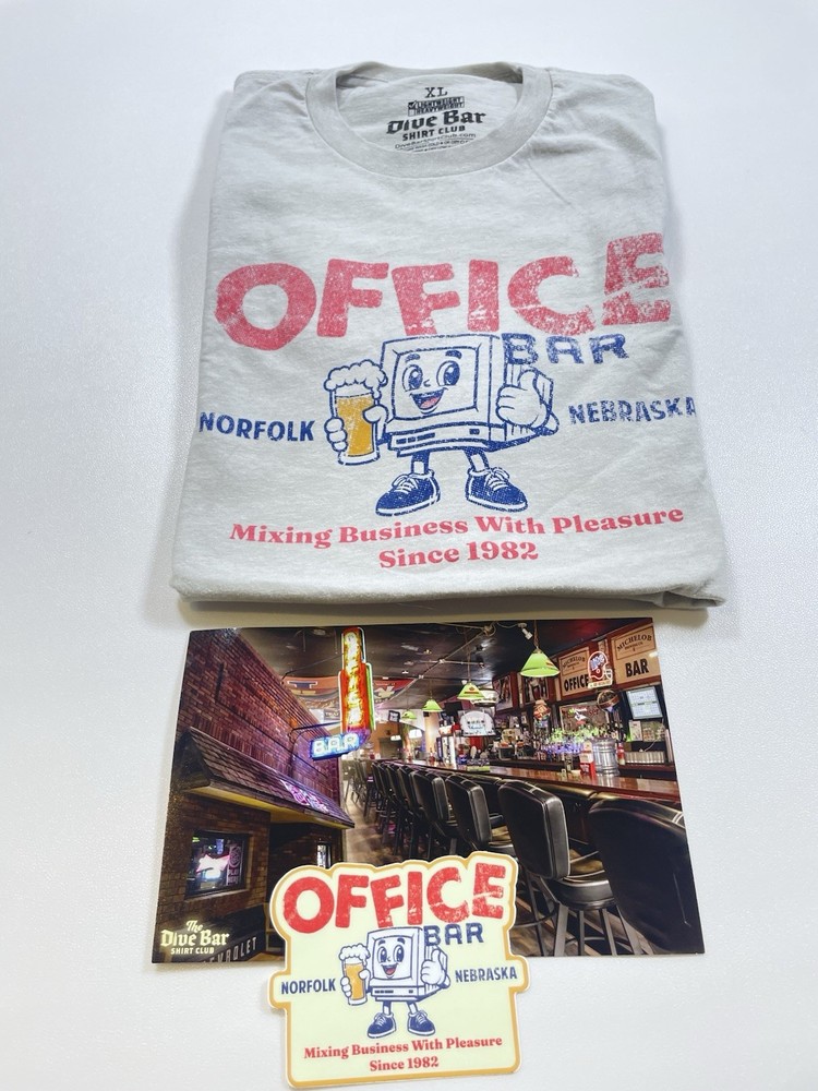 Dive Bar T-Shirt Club The Office Bar XL Tee Postcard Sticker Norfolk Nebraska