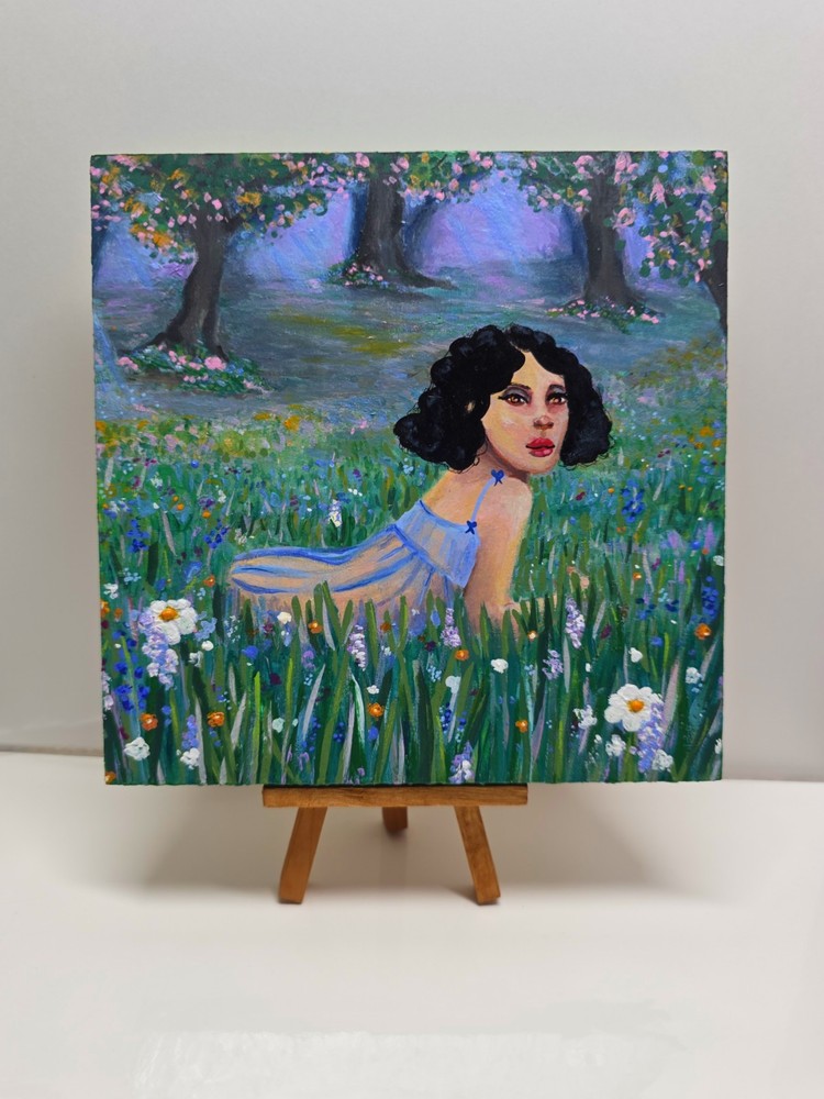 Original Painting 6x6 Fairy Garden Portrait Acrylic Gouache Wood Canvas Signed