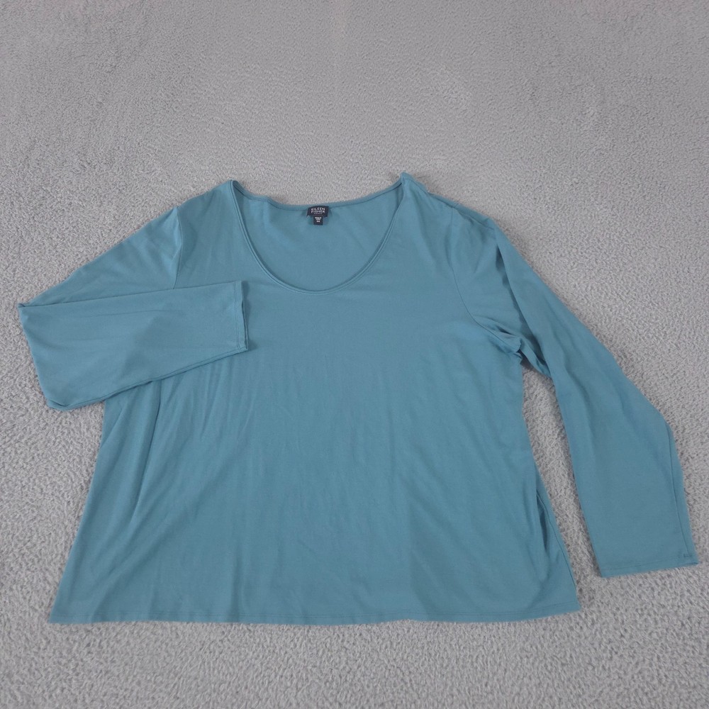 Eileen Fisher Shirt Women 3X Teal Scoop Neck Top Lagenlook Career Stretch Casual