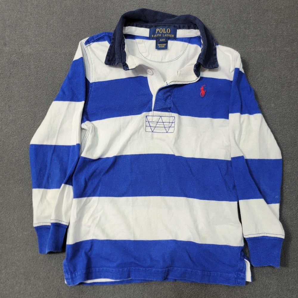 Polo Ralph Lauren Boys Blue White Striped Long Sleeve Rugby Shirt Size 4 4T