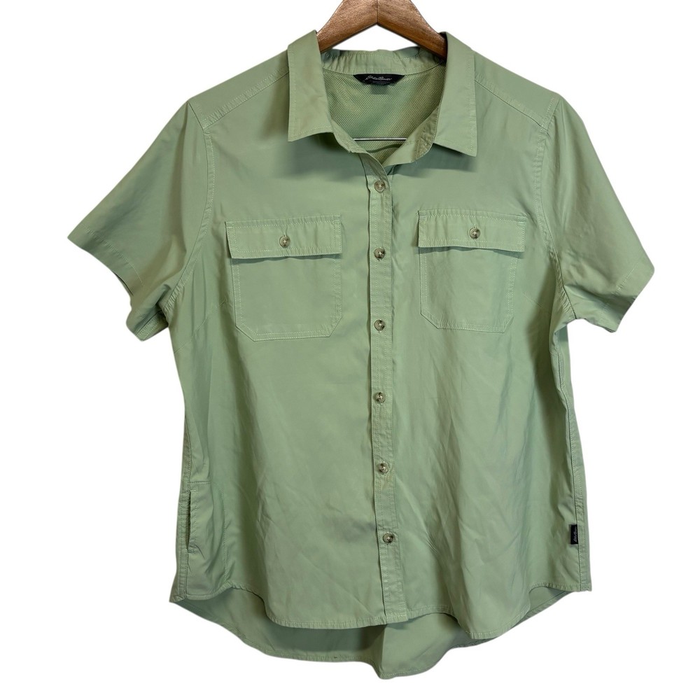 Women’s Eddie Bauer Green Button Down Collared Hiking Shirt Size XL 0436