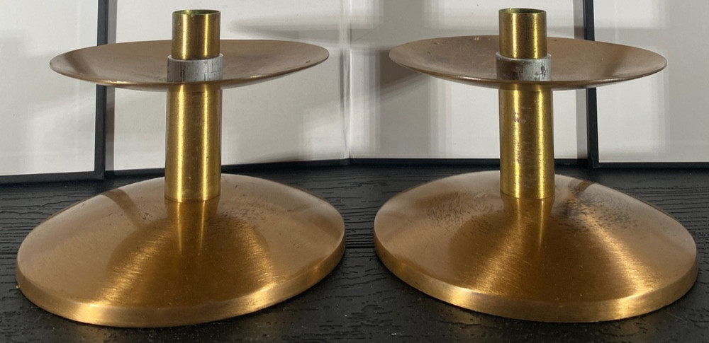*** Pair Of Vintage Golden Brass Catholic Church Altar Candle Holders 4.25