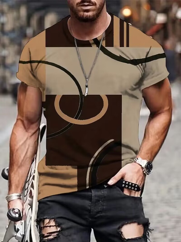 T Shirt Abstract Geometry Novelty Brown Yellow Graphic Casual Short Sleeve Tee-image