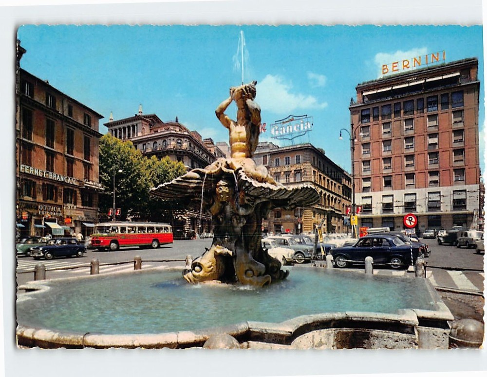 Postcard Barberini Square and Berninis Fountain Rome Italy