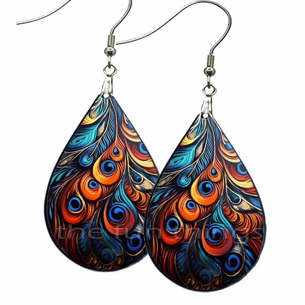 Abstract Art Print Bohemian Feather Earrings Teardrop NO TARNISH Wood Boho Color-image