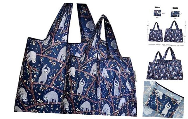Foldable Sloth Print Nylon Reusable Grocery Bags Set of 2 - Large & Small Eco-Friendly Totes  