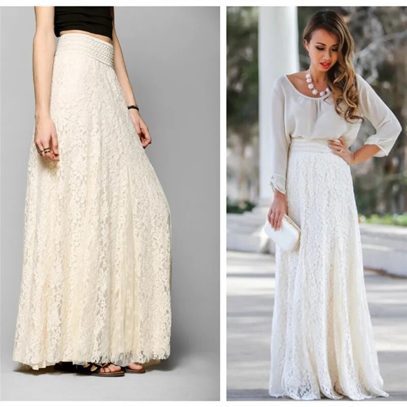 Double Lace Layer Chiffon Pleated Maxi Skirt with Elastic Waist  