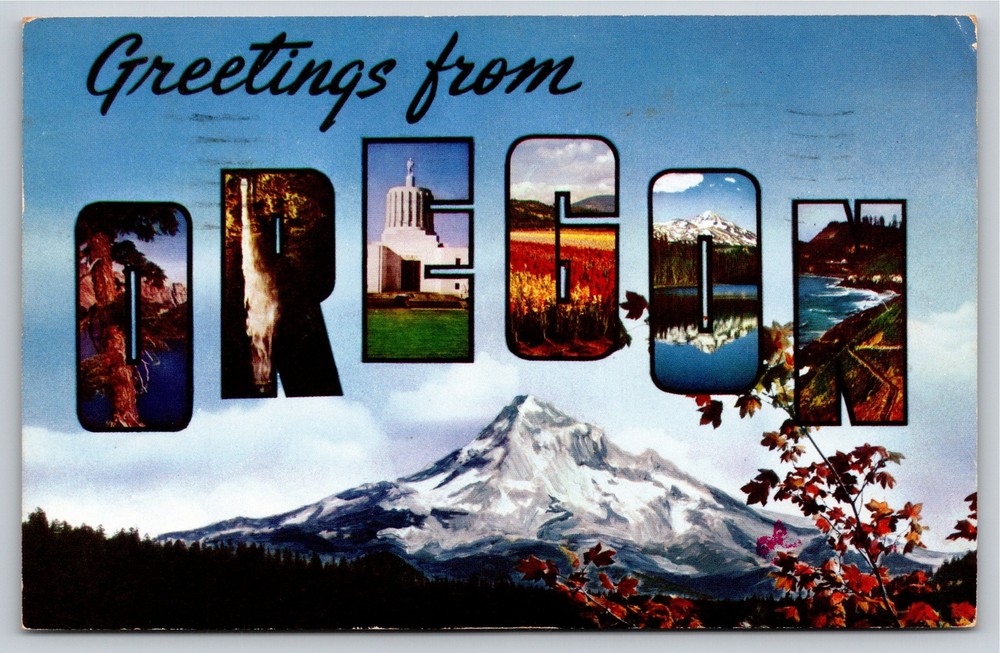 Oregon~Mountain From Tree Key On Back~Large Letter Vintage Linen Postcard