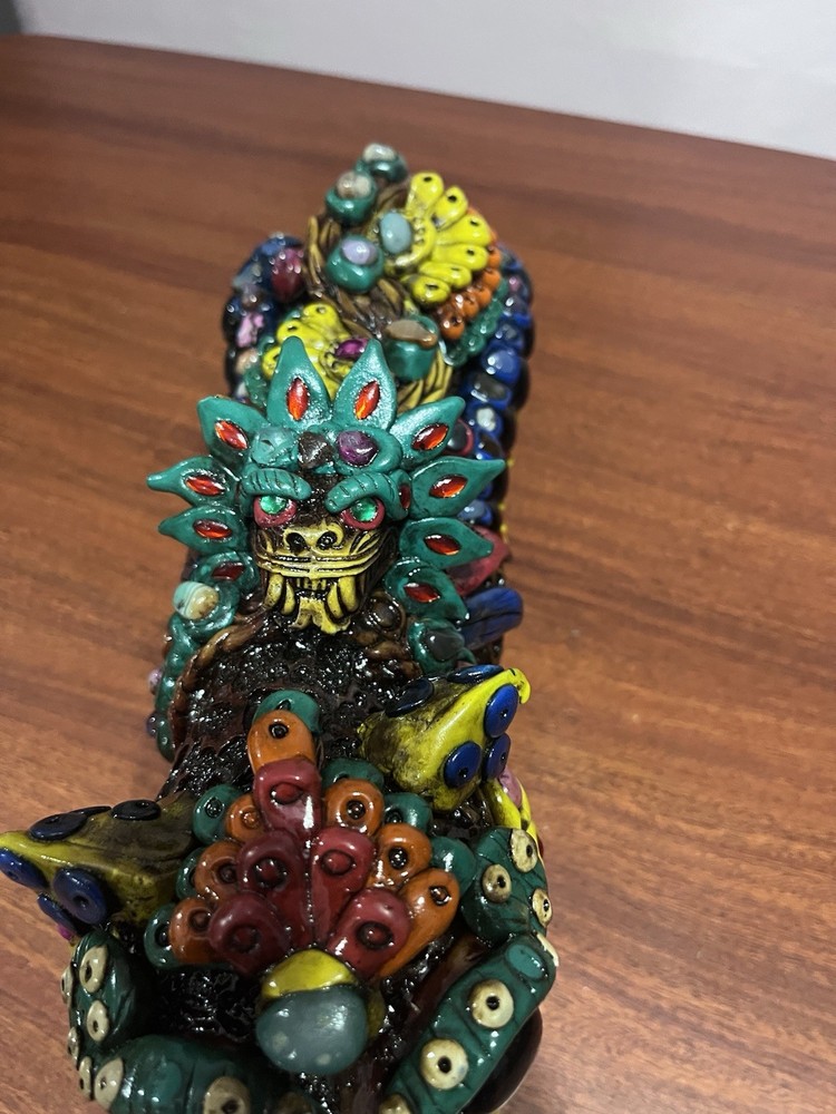 Mexican Folkart Ornate Colorful Jaguar Figurine w. Elaborate & Hand Made Aztec