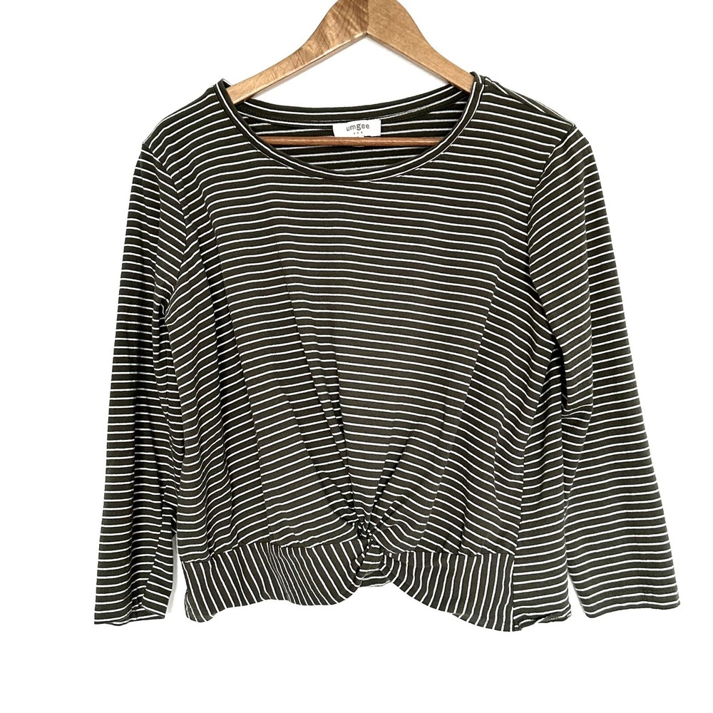 Umgee Shirt Women’s Small Cropped Top Green White Striped Pullover Long Sleeve