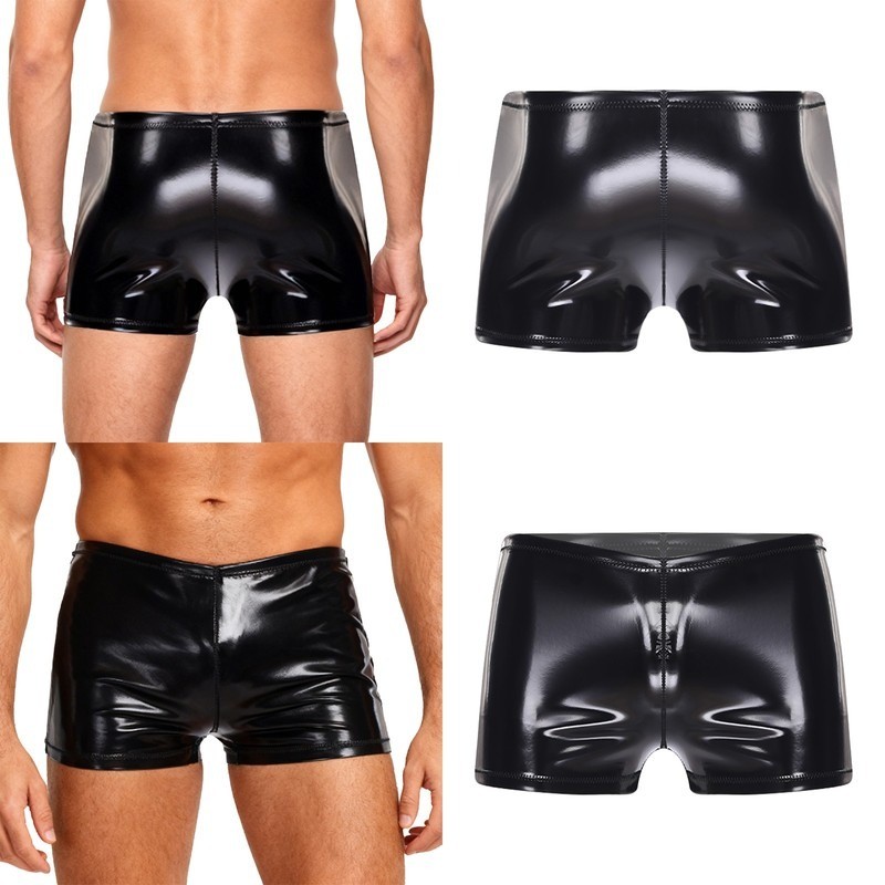 Mens Glossy PU Boxer Shorts Latex Hot Pants Bodycon Underwear Clubwear for Rave