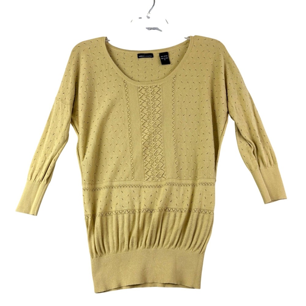 Moda International Womens S Yellow Sweater Pointelle Cotton Knit Boho Mustard