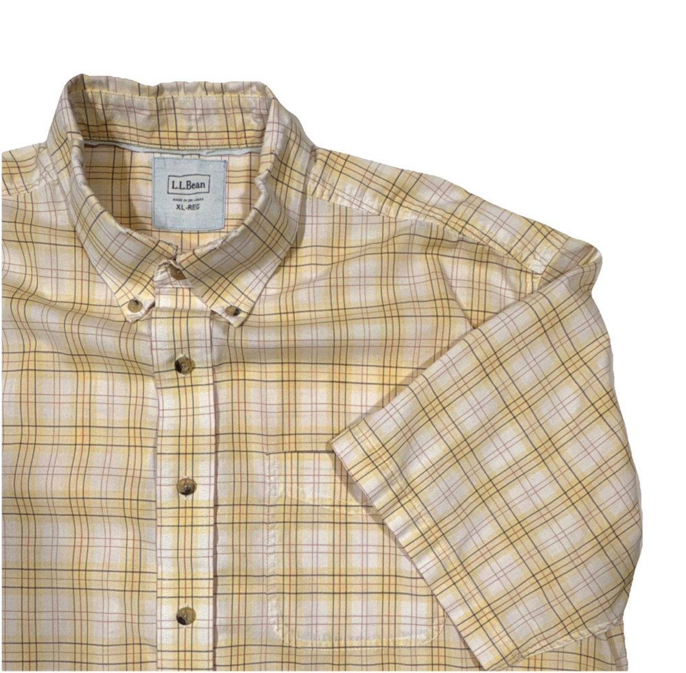 L.L. Bean Men's XL Regular Yellow Plaid Cotton Short Sleeve Button-Down Shirt