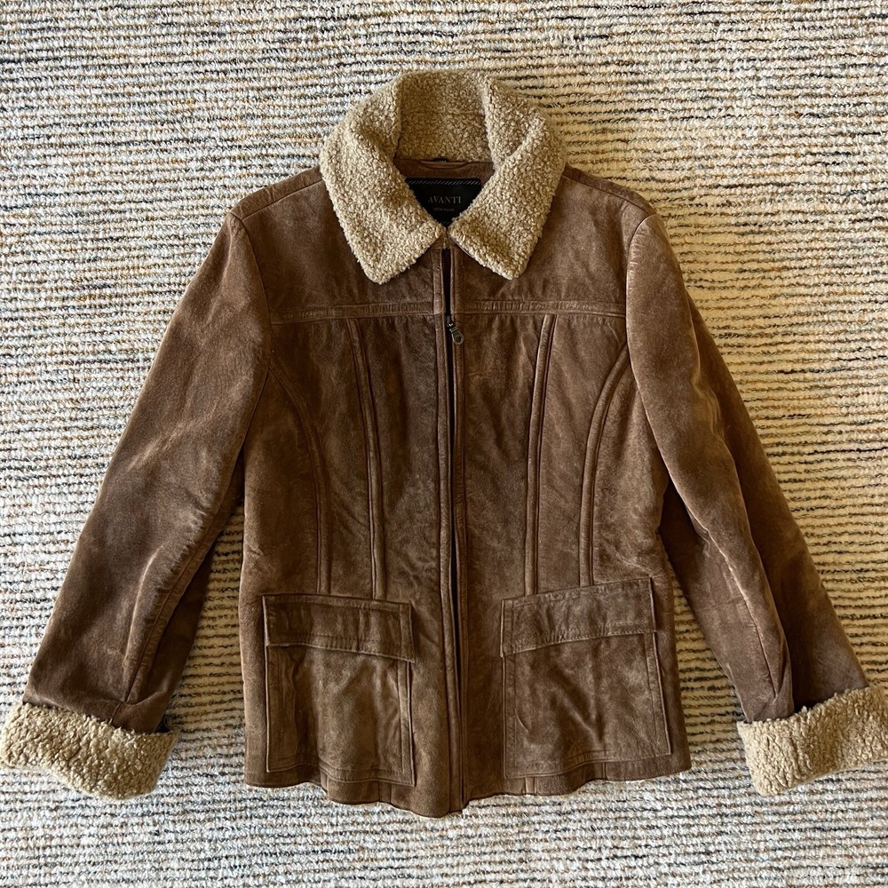 Avanti Leather Jacket Brown Suede Zip Faux Fur Collar Cuffs Size M