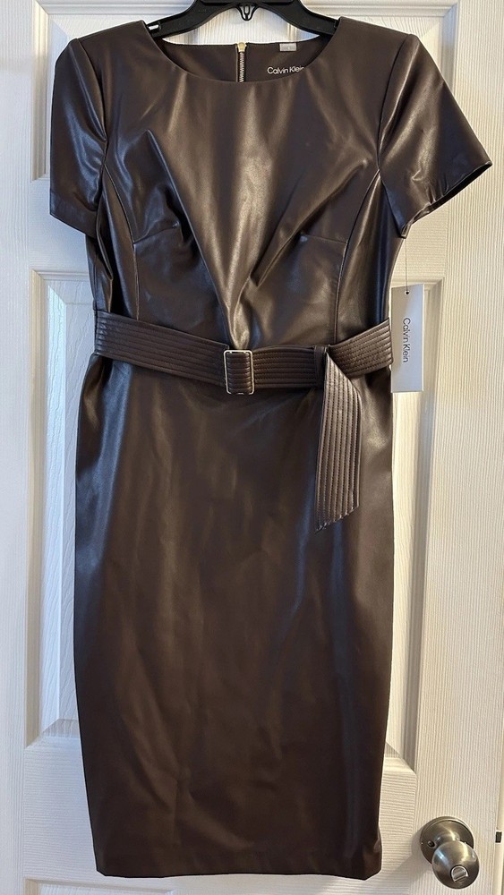 Calvin Klein Dark Brown Faux Leather Tie Waist Sheath Dress Size 6 NWT