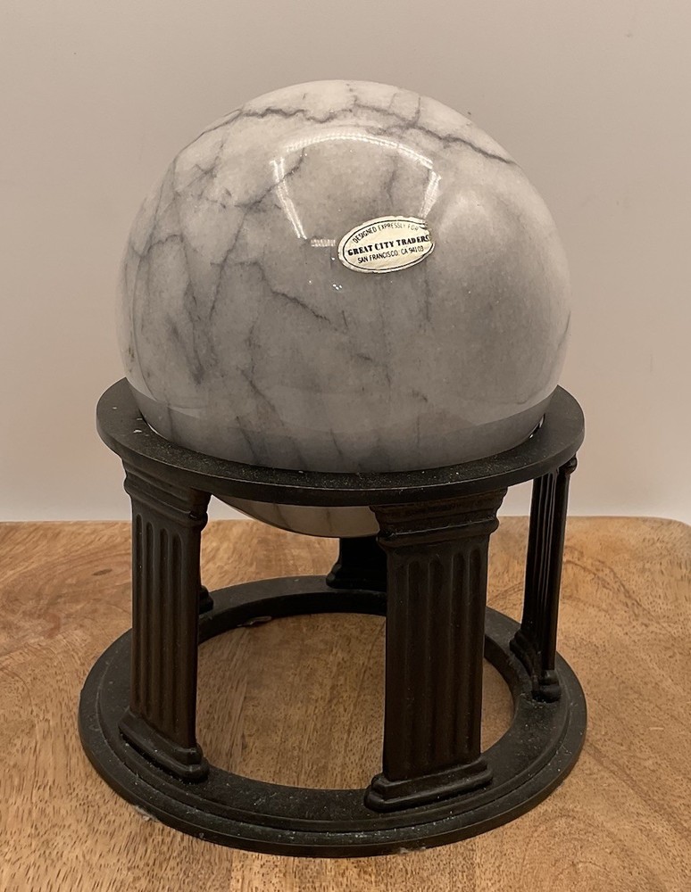 Vintage 4 Inch Polished Grey Marble Orb W/ Stand Beautiful Veining EUC