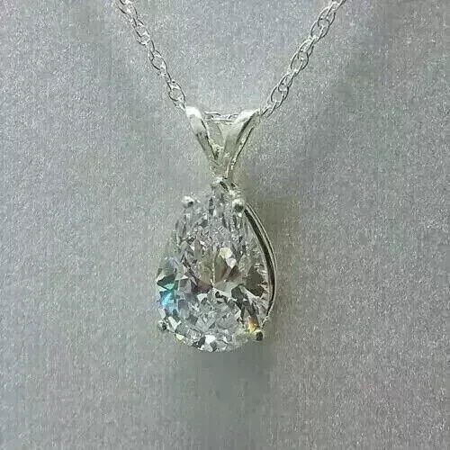 3 Ctw Pear Moissanite Solitaire Pendant in 14K White Gold with 18 Inch Chain