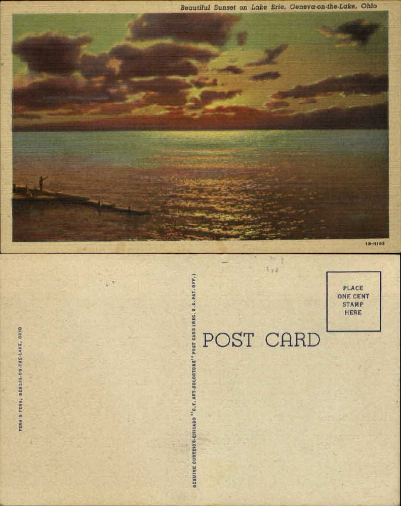 Sunset scene Geneva-on-the-Lake Ohio Erie OH linen unused old postcard