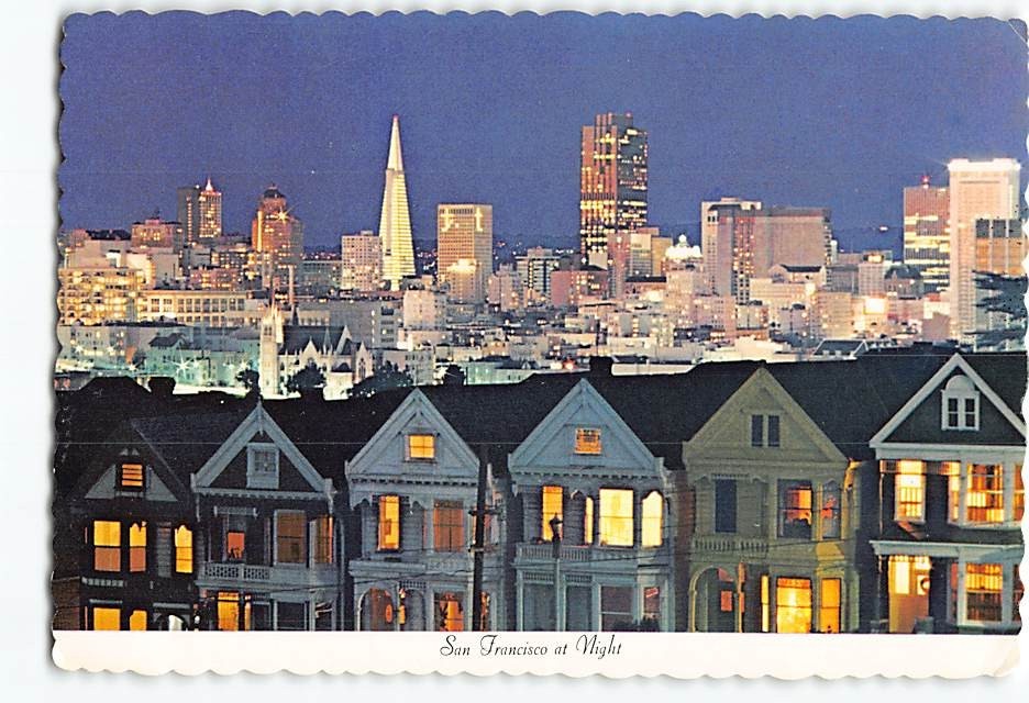 Postcard Victorian Houses & City Skyline San Francisco California USA
