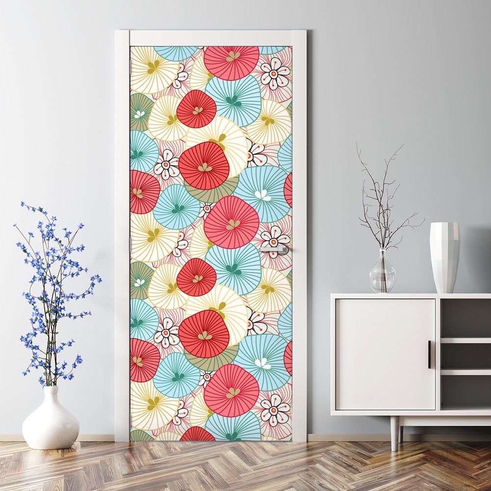 Flower ornament Bubble Free Door sticker red and blue Decal Home Decor