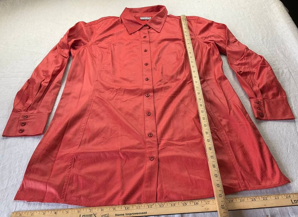 Chico's Pebbled Luxe Alianna Shirt Womens Size 2 Tangerine Dream Button Up NWT