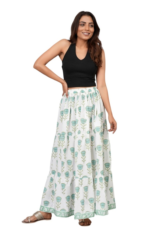 Bohemian Floral Print Cotton Long Skirt Women Lightweight Maxi with ElasticWaist