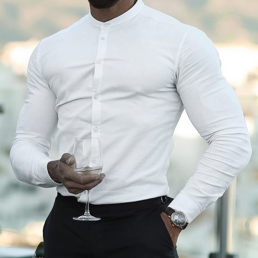 Slim Fit Collarless Casual Button-Down Shirt with Stretch, Long Sleeve for Men