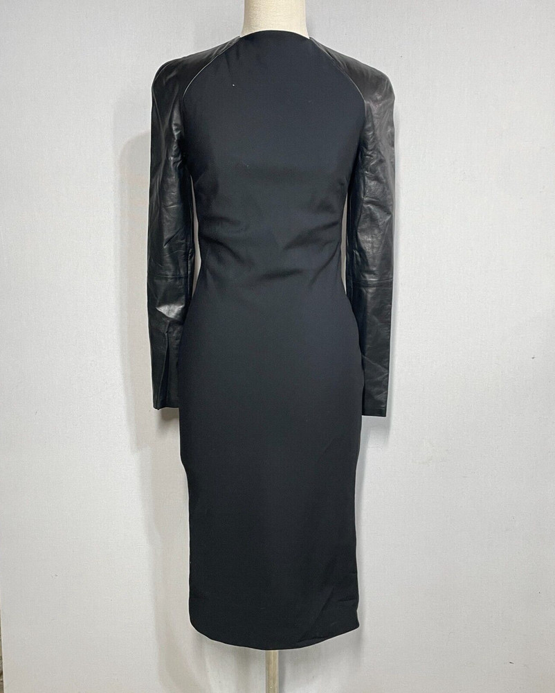 Ralph Lauren Purple Label Dress Womens 2 Black Wool Knee Length Lamb Leather