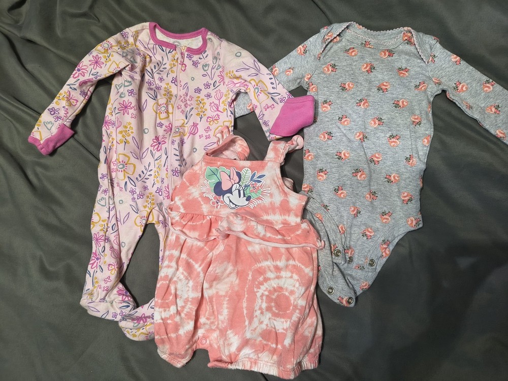 Minnie Mouse Floral & Tie-Dye One-Piece Lot Girls 0-3 Months 3pc Romper Bodysuit