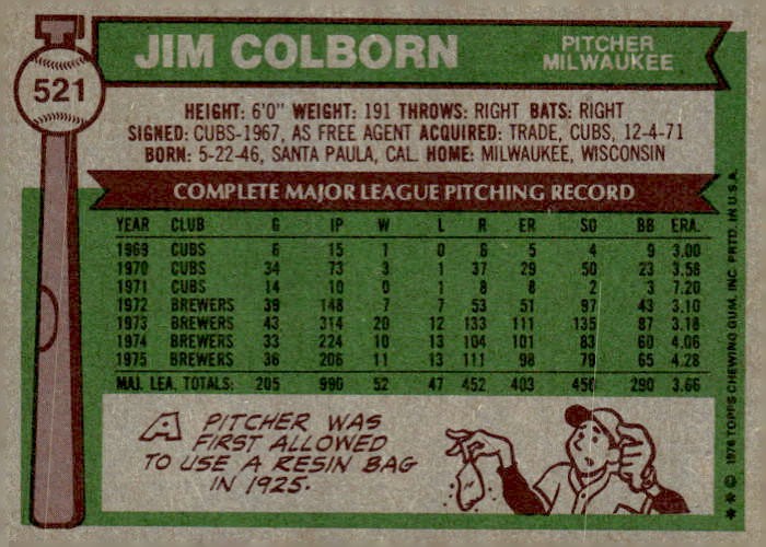 1976 Topps #521 Jim Colborn