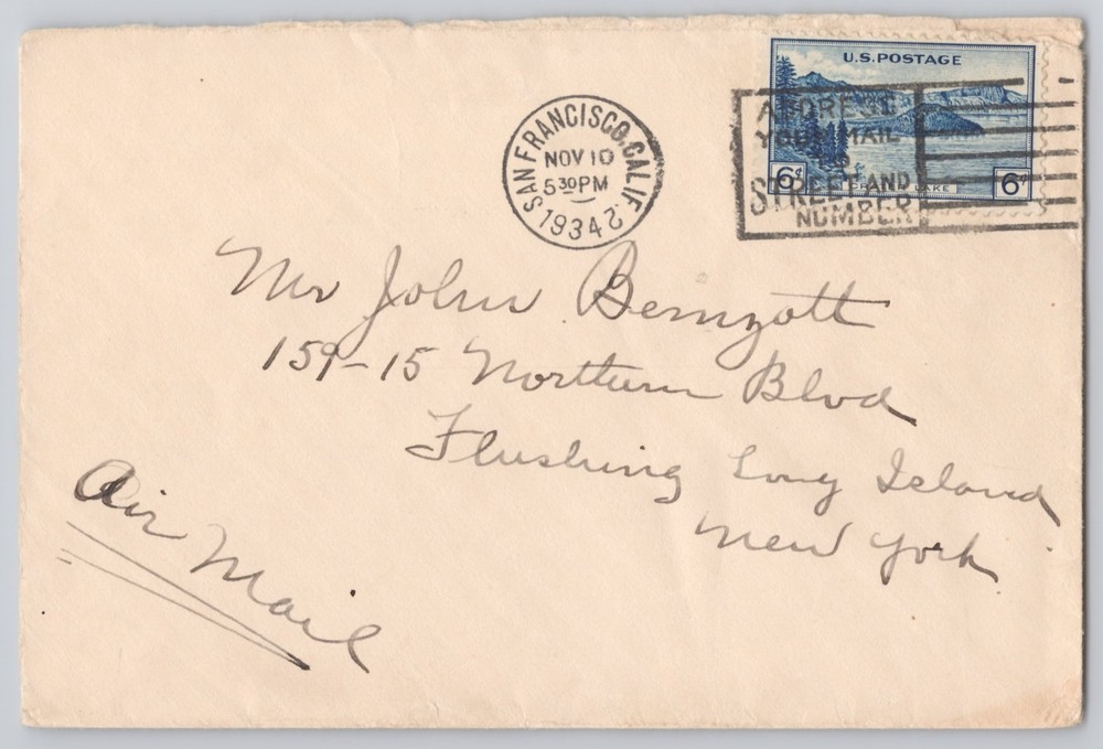 San Francisco, California Airmail 6c Crater Lake stamp cover, 1934