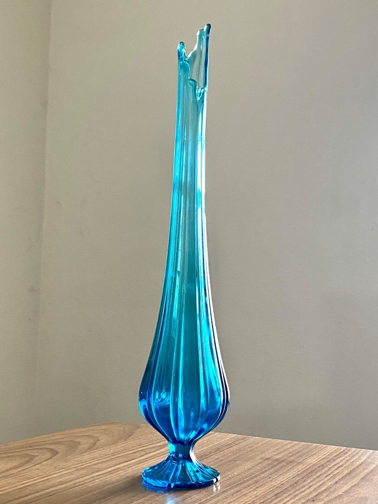 Vintage MCM 22 Inch L.E. Smith Blue Glass Swung Vase with Footed Pedestal