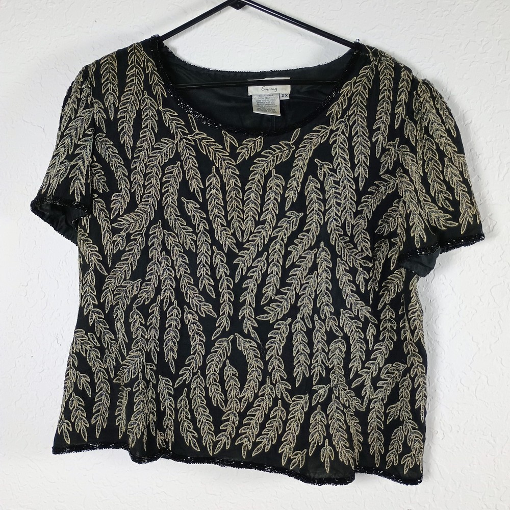 Vintage Papell Boutique Evening Beaded Silk Top Black Gold Leaf 2X Formal