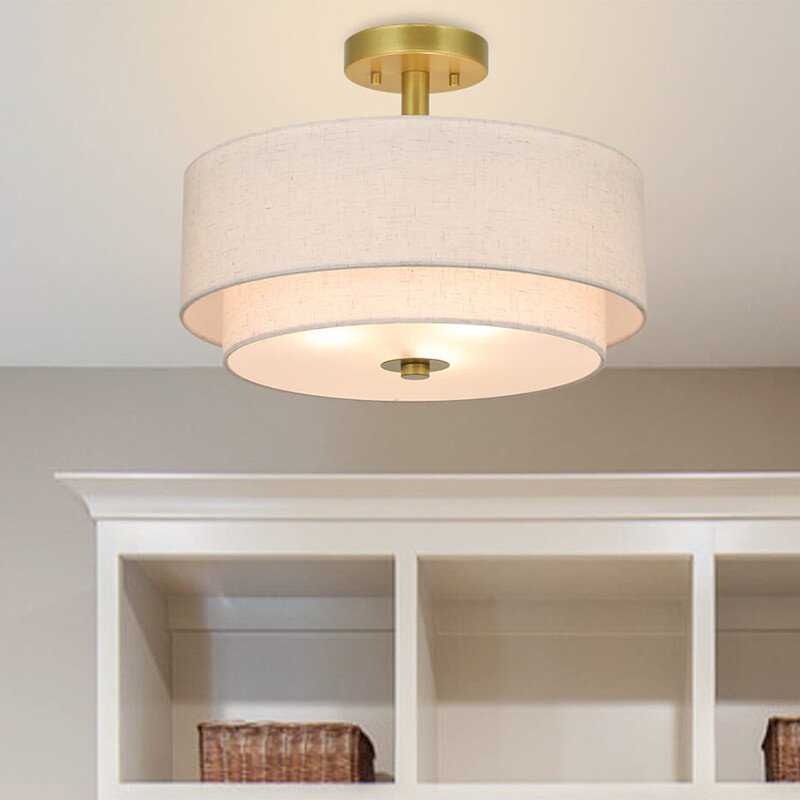 Fabric Semi Flush Mount 16 inch Retro Gold Brass Close to Ceiling Light Fixture