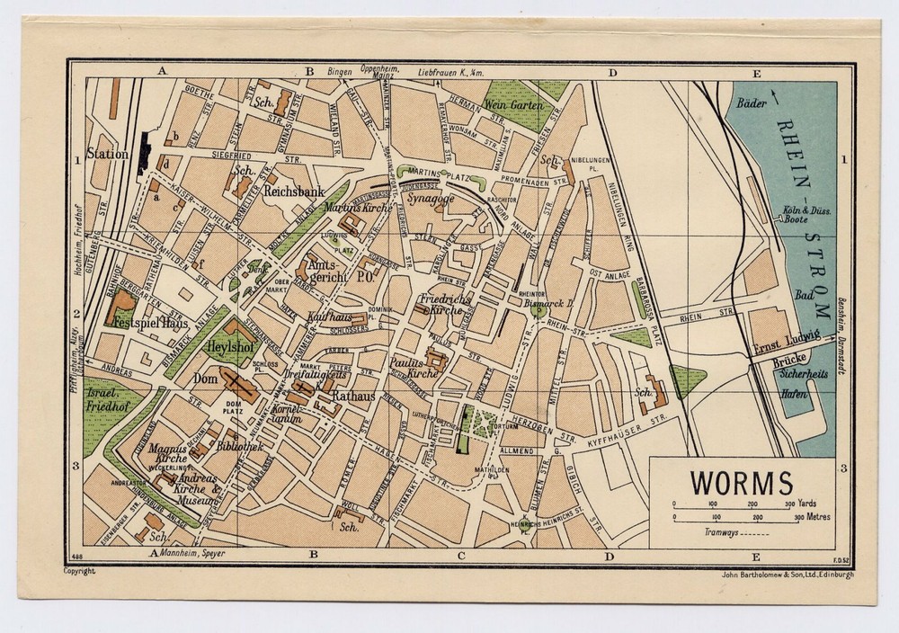 1933 VINTAGE CITY MAP OF WORMS / RHINELAND-PALATINATE / GERMANY