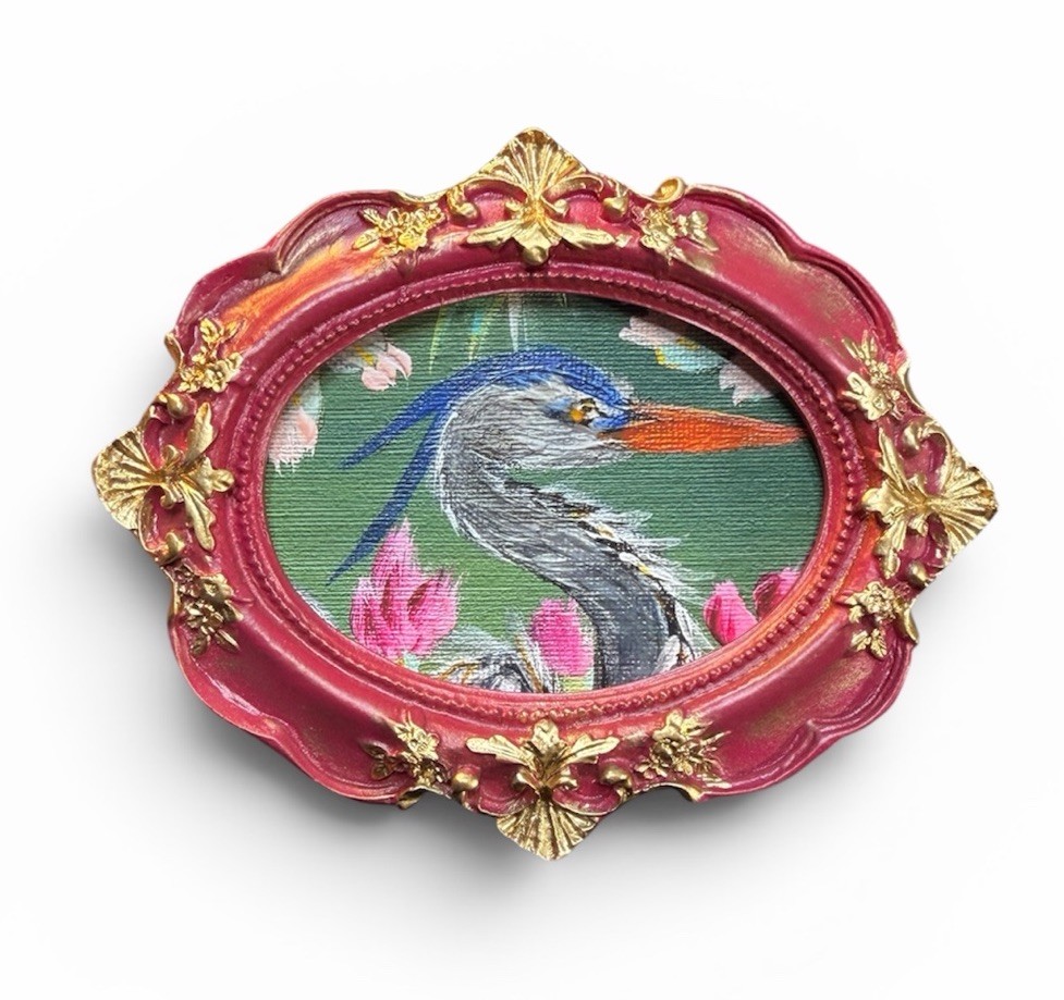 Blue Heron mini watercolor bird print of original painting •vintage ornate frame