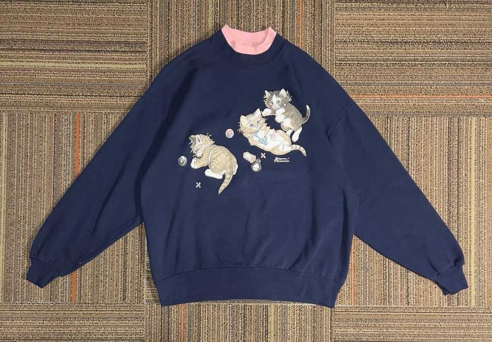 Vintage Made In USA Morning Sun Mockneck Sweatshirt Cats Cat Kitten Petite XL