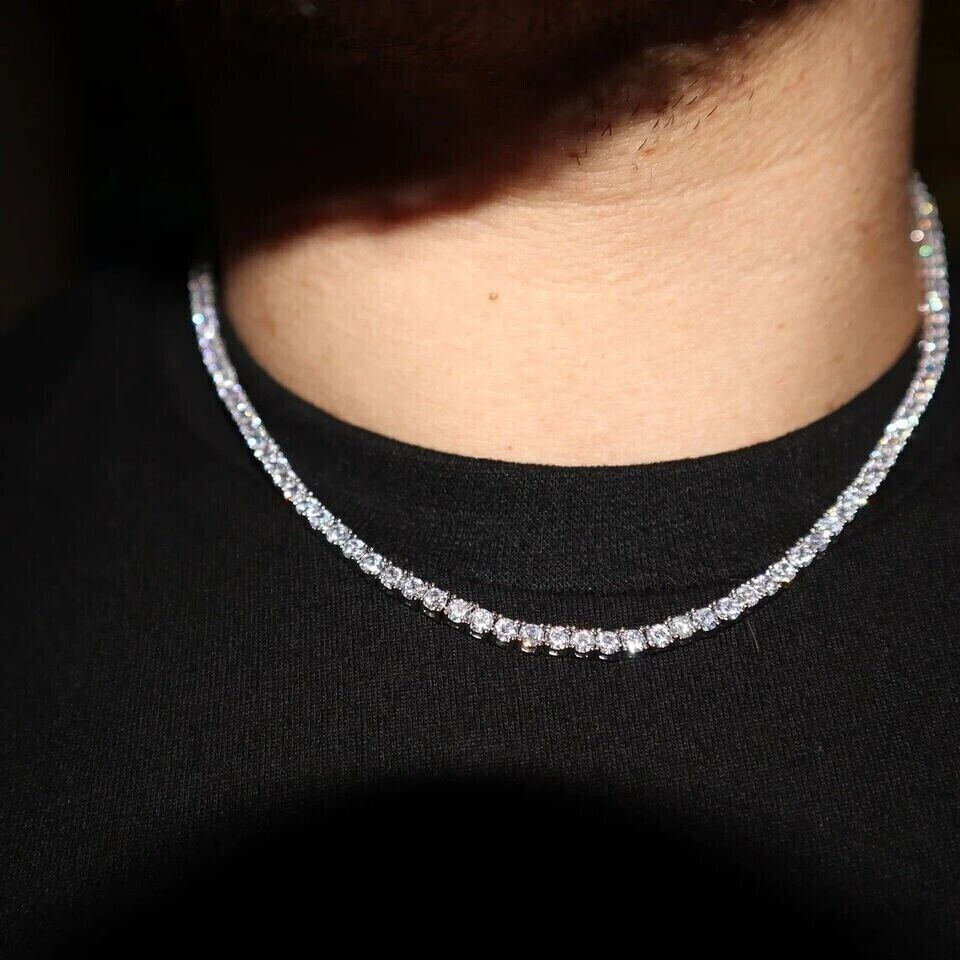 4 MM Round Lab Created Diamond Men's Tennis Necklace 14K White Gold Plated 18