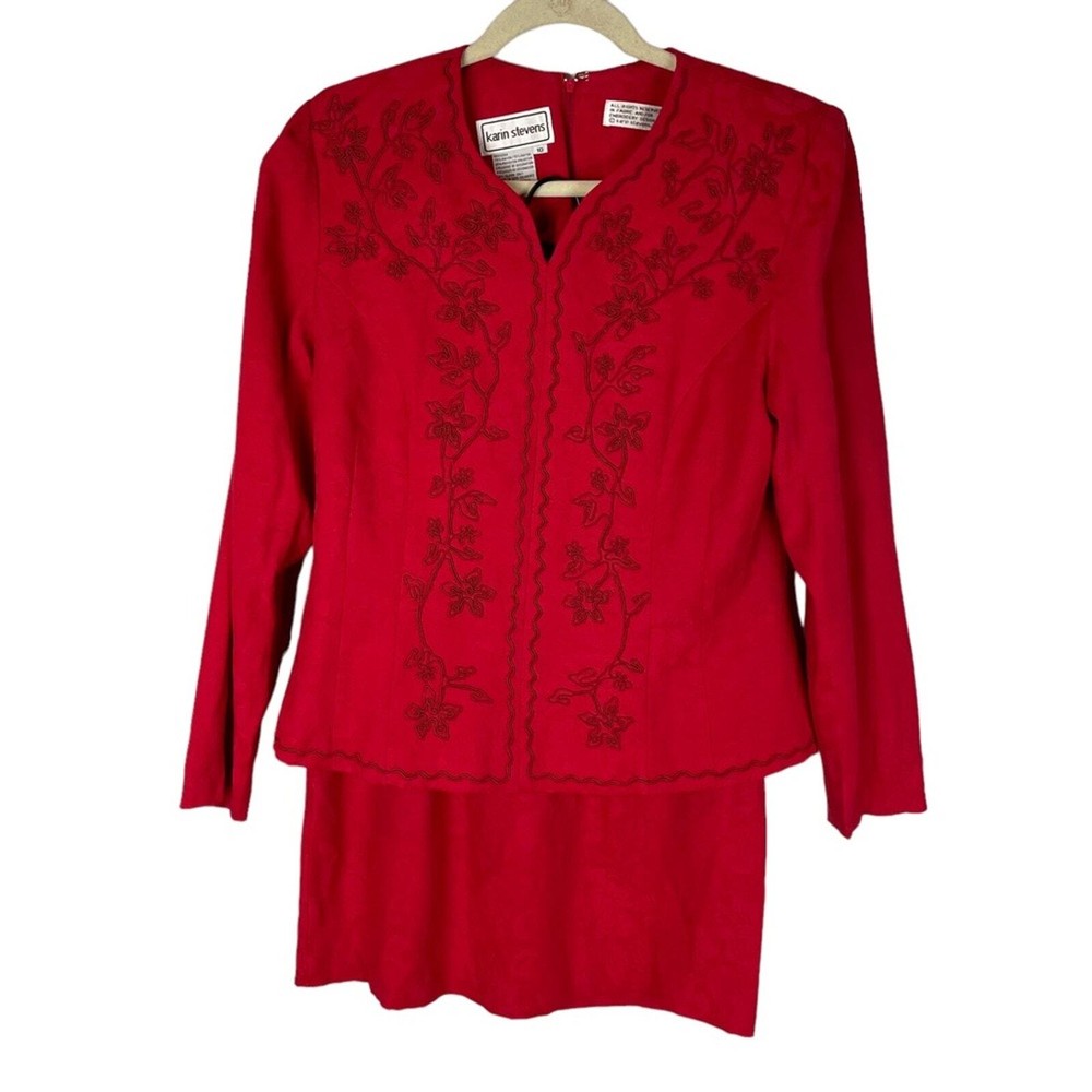 Vintage 80s Karin Stevens brocade floral embroidered two piece skirt suit