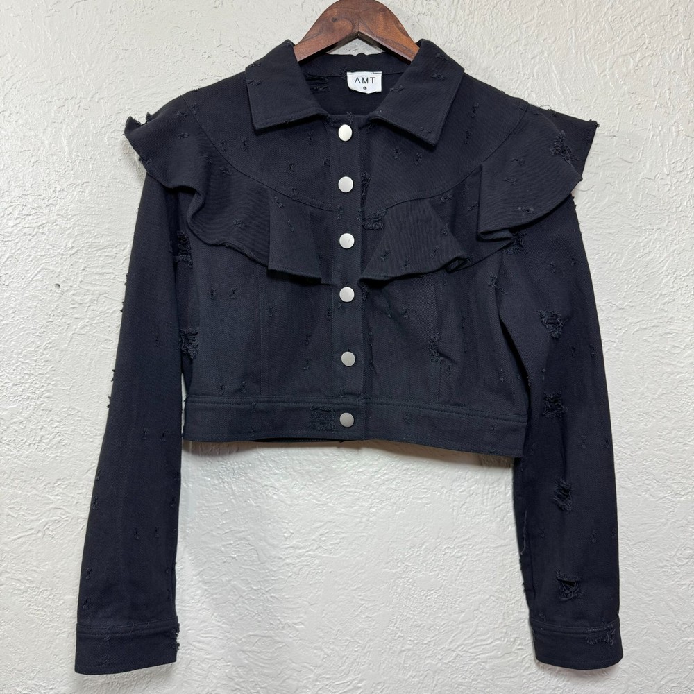 AMT Above Mediocre Taste Jacket L Cropped Denim Jean Ruffle Ripped Thrash Grunge