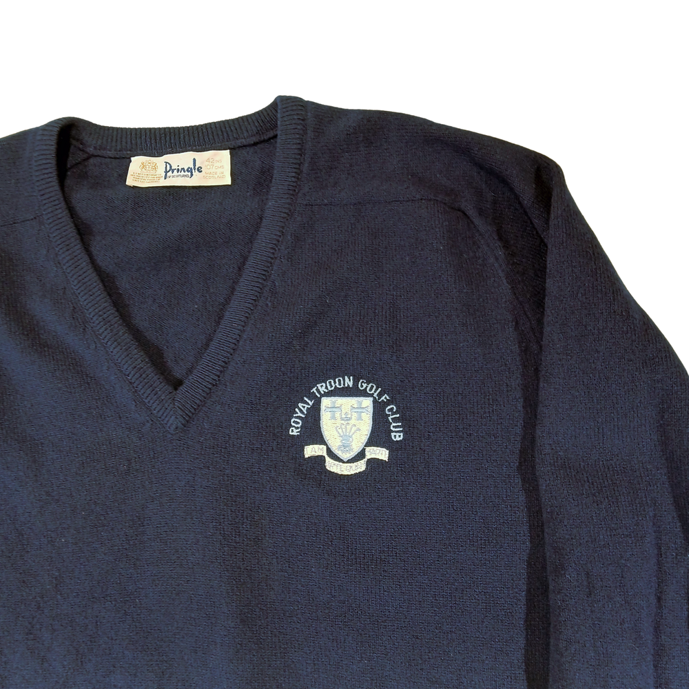 Pringle of Scotland Royal Troon Golf Club V-Neck Sweater Mens 42/LG Navy Wool