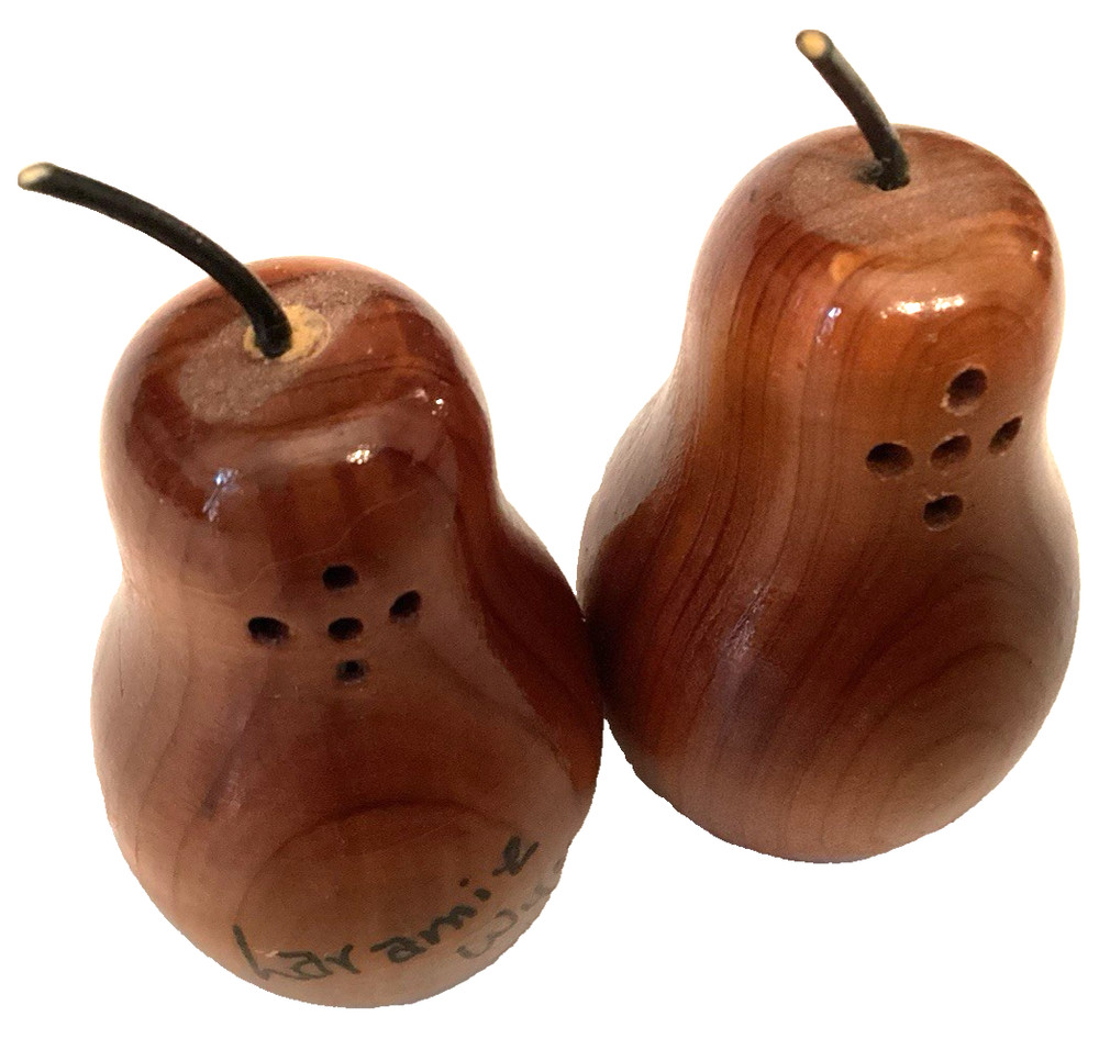 Vintage Laramie Wyoming Pear Salt And Pepper Shakers Wood Mcm Souvenir