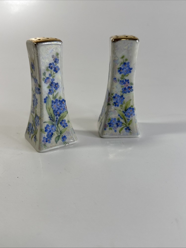 Antique hand-painted, floral, blue W/ gold tops, salt & pepper shaker