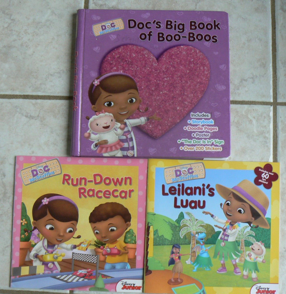 3 DOC McStuffins HC w/Doodle pages,Run-Down Racecar,Leilani's Luau-LN w/stickers